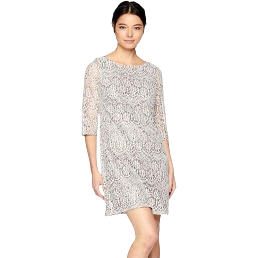 Jessica Howard Nwt Taupe/ Brown Slip Creme Floral Lace Shift Dress w 3/4 Sleeves
